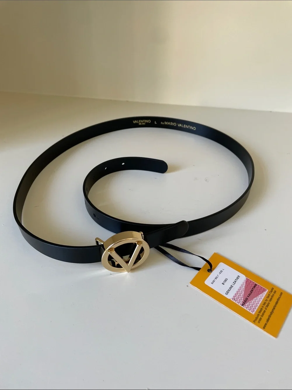 Valentino By Mario Black Leather Belt with Gold V Buckle